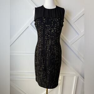 Carolina Herrera Sleeveless Silk Blend Gold And Black Tweed Sheath Dress Size 6